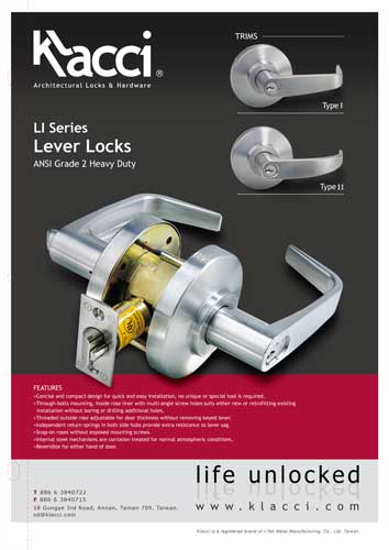 Klacci LI Series Lever Lock Cylindrical Lock English Catalog cover