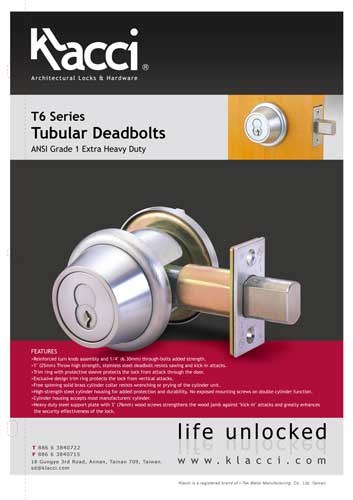 Klacci T6 Series Tubular Deadbolts English Catalog cover