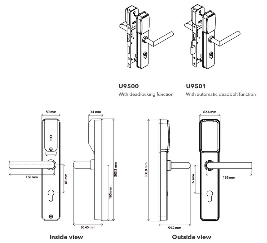 Klacci U95 Series 2-in-1 Mobile Biometrics Access Control U950 Mortise Lock Dimensions