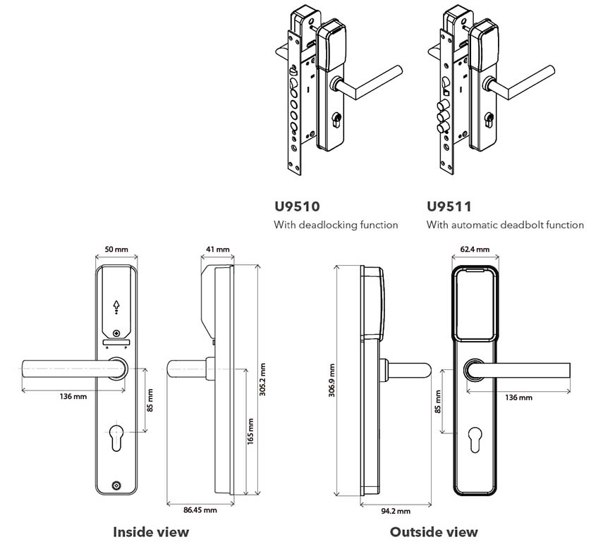 Klacci U95 Series 2-in-1 Mobile Biometrics Access Control U951 Mortise Lock Dimensions